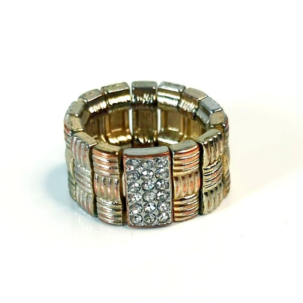 Two Tone Gold Basket Weave Wide Band With Rinestones Stretch Fashion Ring